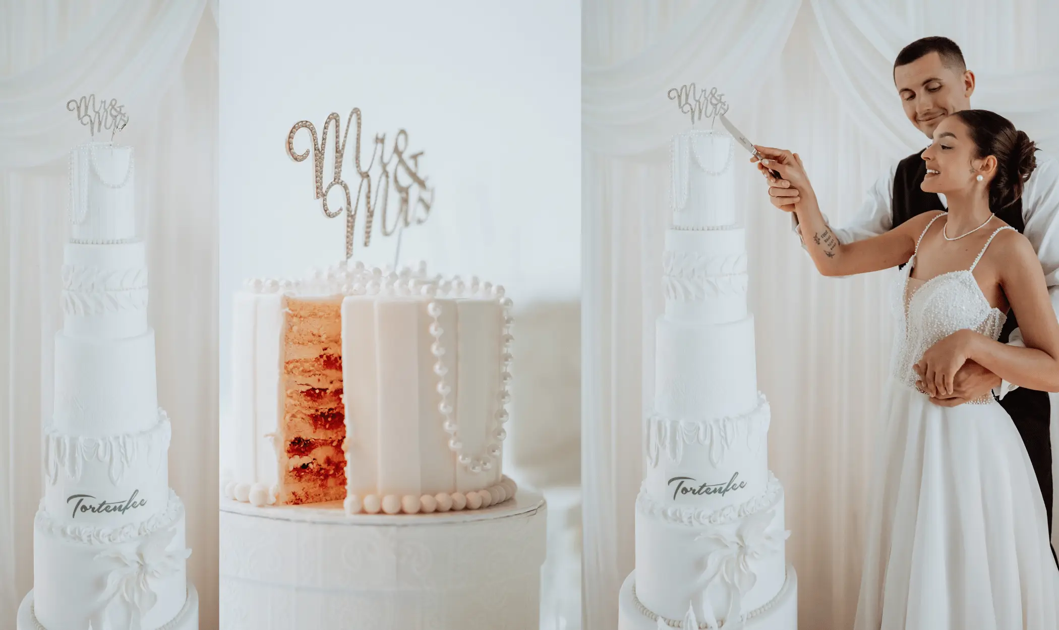 Edle, weiße mehrstöckige Hochzeitstorte mit filigranen Perlenketten-Verzierungen und "Mr & Mrs" Cake Topper, angeschnitten von einem eleganten Brautpaar.