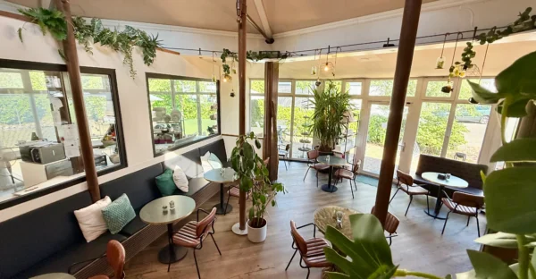 Moderner, lichtdurchfluteter Gastraum des Cafés der Tortenfee in Alling mit Blick auf gemütliche Sitzplätze, grüne Pflanzen und die gläserne Backstube im Hintergrund.